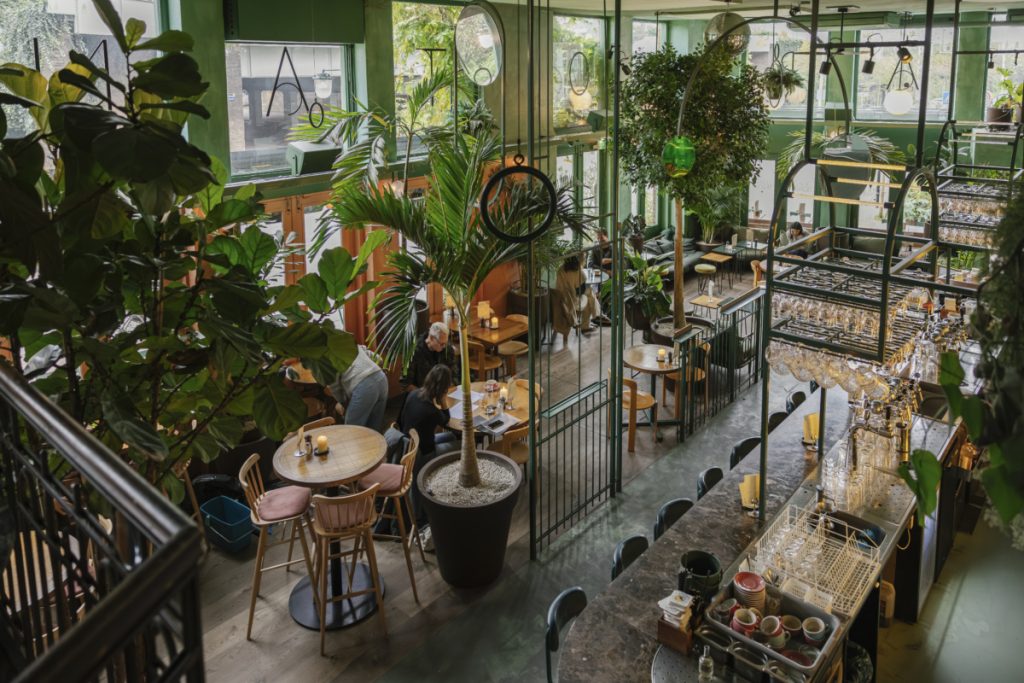Interior de un restaurante o café de estilo 'jardín interior' o 'jungla urbana' con un diseño de doble altura. El espacio está abundantemente decorado con grandes plantas verdes, incluyendo una gran palmera central en una maceta oscura. Hay varias mesas redondas de madera con sillas y taburetes altos, y una larga barra de mármol oscura en primer plano. La iluminación es tenue y cálida, y se pueden ver varios clientes sentados. El propósito de la imagen es mostrar un diseño de interiorismo acogedor y de moda, destacando el uso de la vegetación para crear una atmósfera única y natural