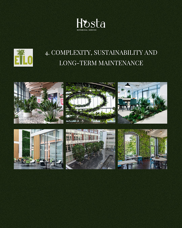 EILO Madrid Awards, categoría 4 de Hosta Botanical Service y EILO, títulado "4. COMPLEXITY, SUSTAINABILITY AND LONG-TERM MAINTENANCE" (4. Complejidad, Sostenibilidad y Mantenimiento a Largo Plazo). Debajo hay una cuadrícula de seis fotografías que muestran diversos ejemplos de diseño biofílico e integración de plantas en entornos comerciales y de oficinas, incluyendo jardines verticales interiores y exteriores, techos verdes circulares, y grandes macetas con plantas en atrios y áreas de descanso. El propósito de la imagen es promocionar los servicios de la empresa Hosta Botanical Service y destacar su experiencia en la instalación y mantenimiento de proyectos de paisajismo interior sostenible.